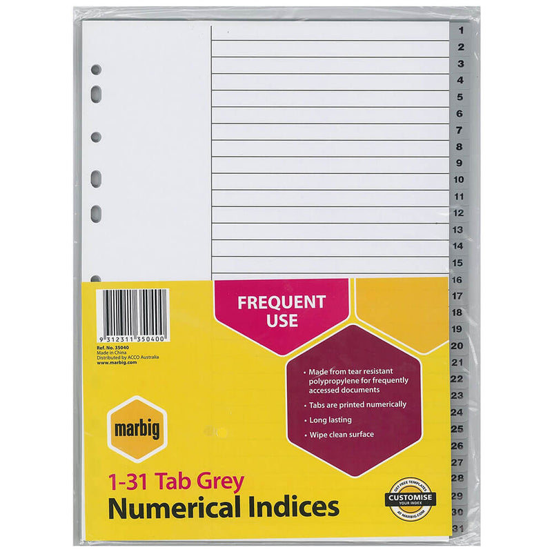 Index et intercalaires numériques Marbig A4 (gris)